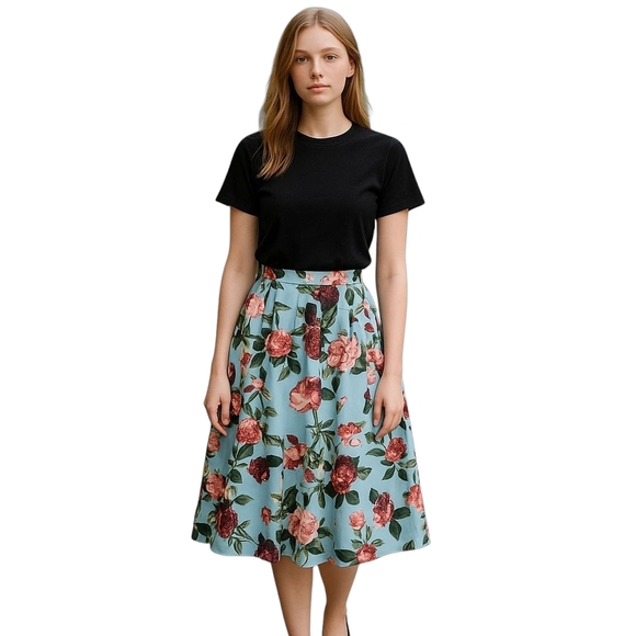 Cece Midi Blue Floral Skirt Preowned Small - Picture 1 of 8